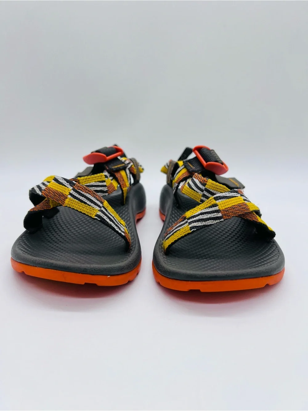 Chaco Kids Z1 Ecotread Sandals in Black, Orange, Yellow Checkerboard Size 3